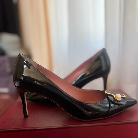 Bally Black Patent Pointed Toe Heels with Gold Trim & Pearl Accent - Picture 3 of 7